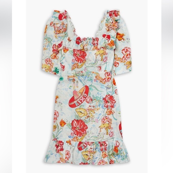 RIXO Camile Printed Cotton Linen Mini‎ Dress Women's Size 4 Ruffle Voile - Picture 9 of 15